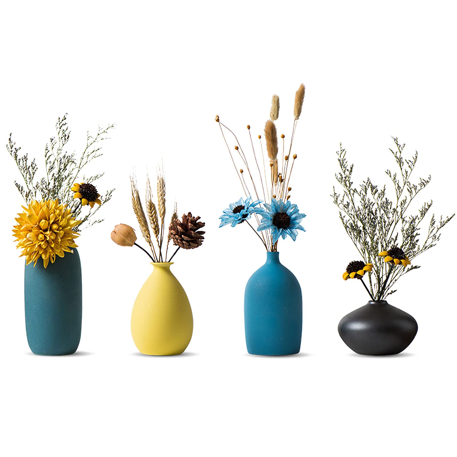 Sziqiqi Small Ceramic Vases for Flowers Decorative Vase Set for Living Room Mini Handmade Matte Vases for Table Centerpiece Decoration Modern Navy Green Yellow Sky Blue Black Color Vasen Set of 4