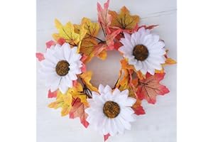 LWINGFLYER 6pcs Fall Candle Rings Small Fall Wreath Artificial Flower Rings Thanksgiving Fall Centerpieces for Tables Autumn Maple Leaf White Sunflower Harvest Festival Home Decor (9.8")