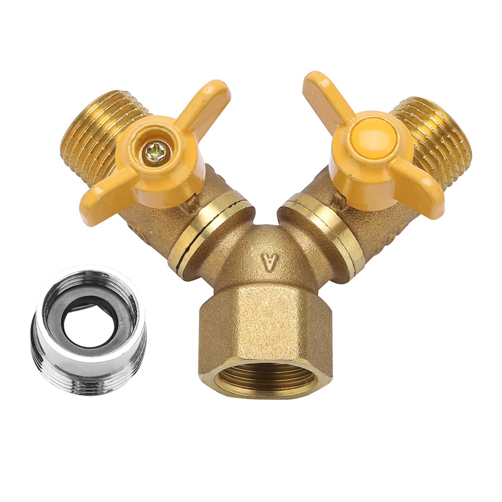 Photo 1 of 2-Way Hose Splitter, G1/2 Solid Brass Garden Irrigation 2 Way Double Tap Hose Adapter Dual Faucet Connector with Adjustable Valves Fit for Standard G1/2 Diameter Connection