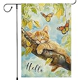 Hello Spring Garden Flag Resting cat Happy butterfly 12x18 Inch Small Burlap Double Sided Rustic Farmhouse Home Yard Lawn Outdoor Flags Decorations