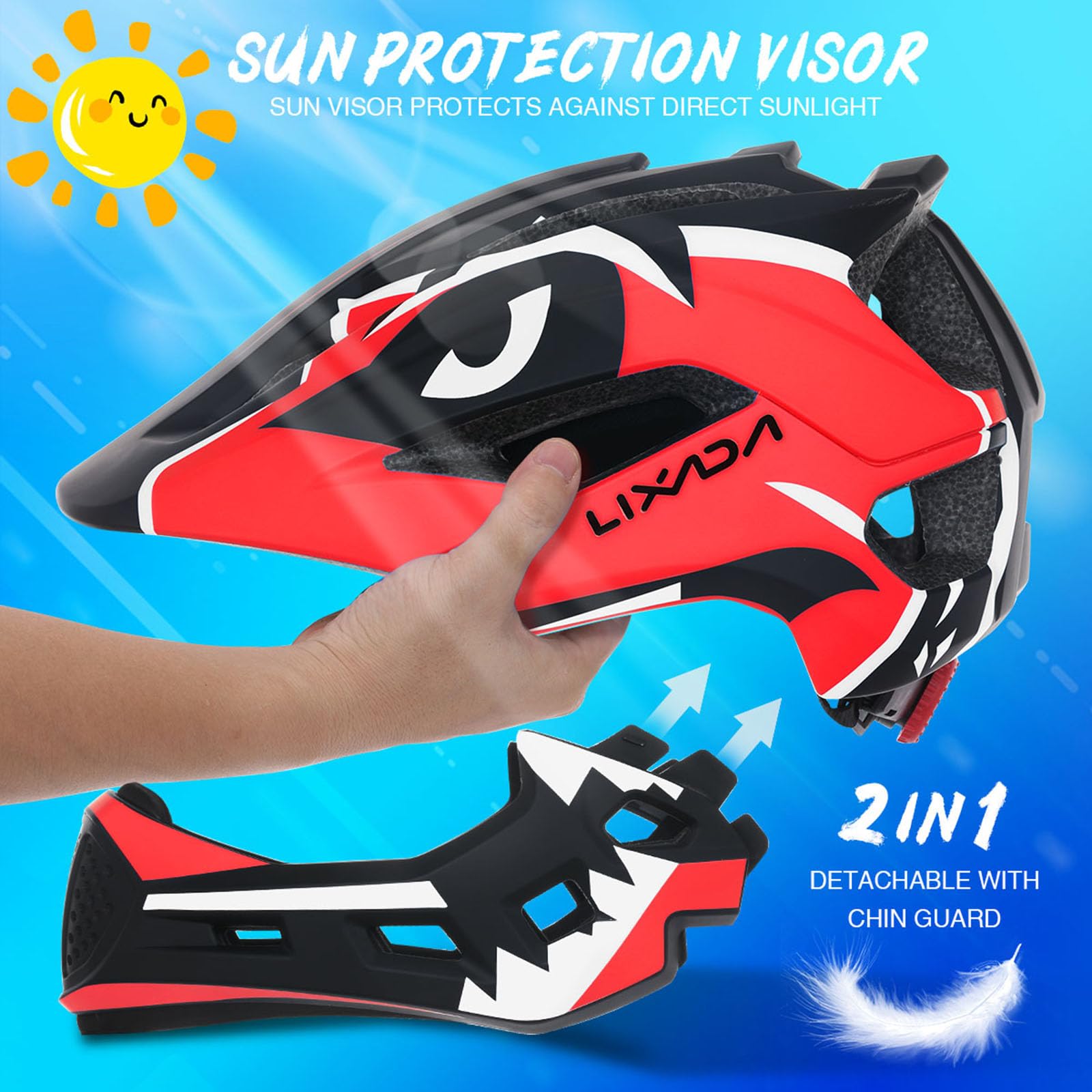 Lixada Kids Bike Helmet Adjustable Detachable Full Face Helmet for Cycling Helmet for Children Bicycle, Skateboard, Scooter, Protective Gear (20.5-22 Inches)