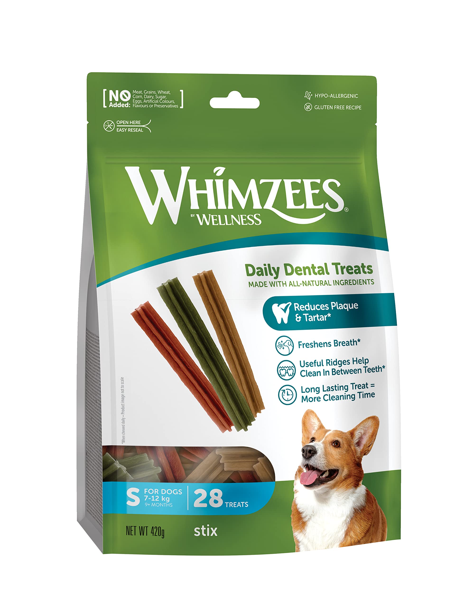 WHIMZEES By Wellness Stix S, Natural and Grain-Free Dog Chews, Dog Dental Sticks for Small Breeds, 28 Pieces, Size S