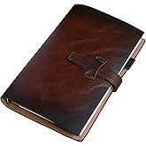 Refillable A6 Leather Binder Notebook, Reusable Leather Journal, Vintage Organizer with 6-Ring Metal Binder, 160 Pages Lined Paper & Pocket, for Writers Business Work Study College and Daily