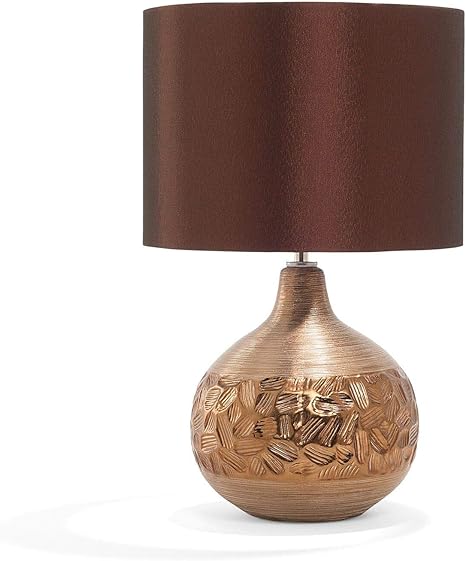 Modern Table Lamp Brown Faux Silk Drum Shade Porcelain Copper Round Base Yakima Beliani Amazon Co Uk Kitchen Home