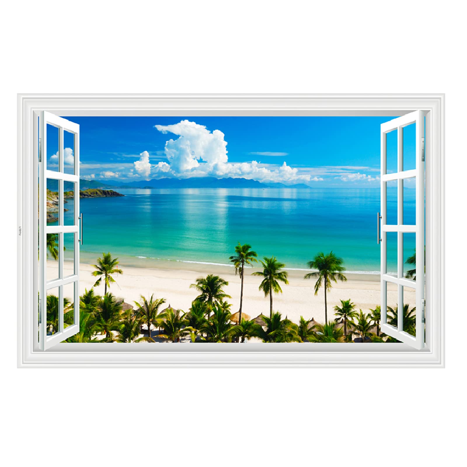 Photo 1 of Kiddale Fake Windows Wall Sticker, Removable 3D Beach Seascape Faux Windows Wall Decals for Bedroom Living Room Decoration,27.5"x18"