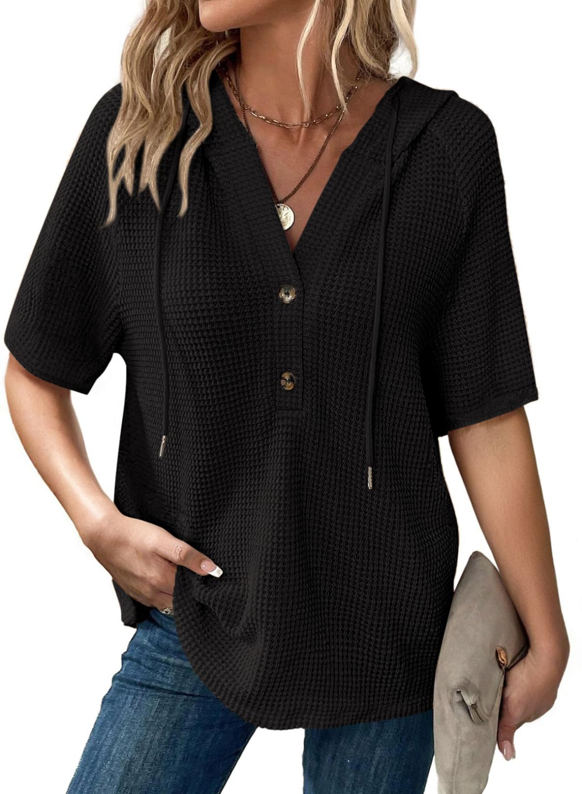Photo 1 of (LARGE) (BAGGED) (USED/FAIR) Dokotoo Summer Tops for Women 2025 Short Sleeve Waffle Knit T-Shirts Drawstring Hoodie Button V Neck Blouses Dressy Casual Lightweight Soft Knitted Sweaters Cute Ladies Top and Blouse Black Large