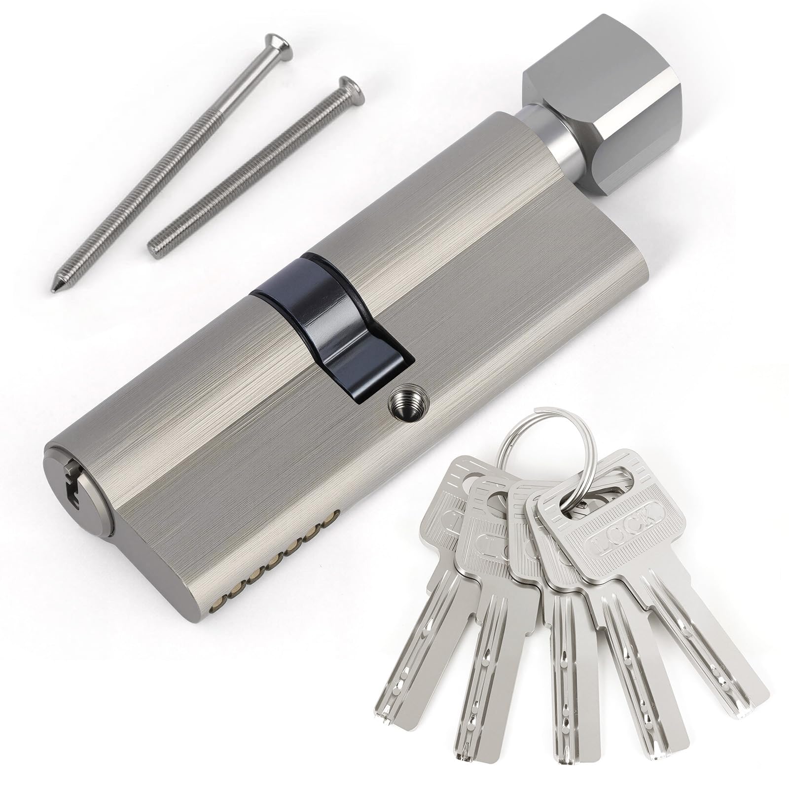 Hengsong 40/40 Thumb Turn Lock with Strong Security Anti-Theft,for Wooden, UPVC and Composite Doors,Zinc Alloy Metal Silver Door Barrel Includes 5 Keys