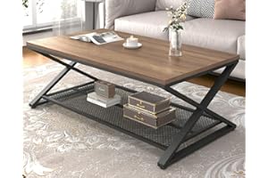 LVB Wood Coffee Table, Metal Wooden 2 Tier Center Tables with Storage, Industrial Cocktail Table with Shelf for Living Room, Farmhouse Rectangle Middle Table for Office Bedroom, 47 inch, Rustic Oak