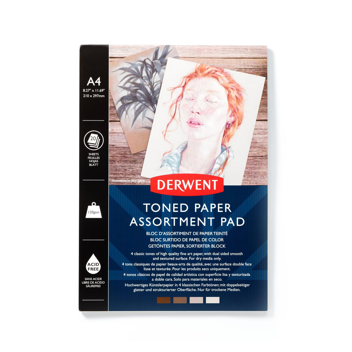 Derwent Mixed Toned Paper Pad A4, 120gsm, 20 Sheets, Double-Sided Smooth and Textured, Acid Free, Multi Toned in 4 Shades, for Fine Art Drawing, Sketching and Colouring, Professional Quality, 2306020
