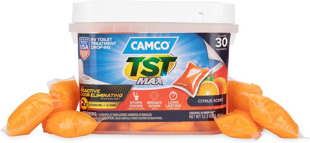 Camco TST MAX RV Toilet Treatment Drop-INs - Orange 30-pk - Made in the USA | Control Unwanted Odors & Break Down Waste and T