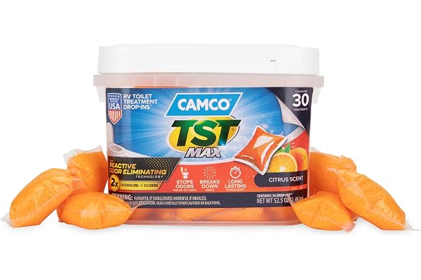 Camco TST MAX RV Toilet Treatment Drop-INs - Orange 30-pk - Made in the USA | Control Unwanted Odors & Break Down Waste and Tissue - Safe Septic RV Tank Treatment (41183)