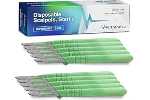 FifthPulse Disposable Surgical Scalpel Knife #15 - Ten Individually Wrapped Sterile Scalpel Blades - Surgical Blade Scalpels With Safety Grip