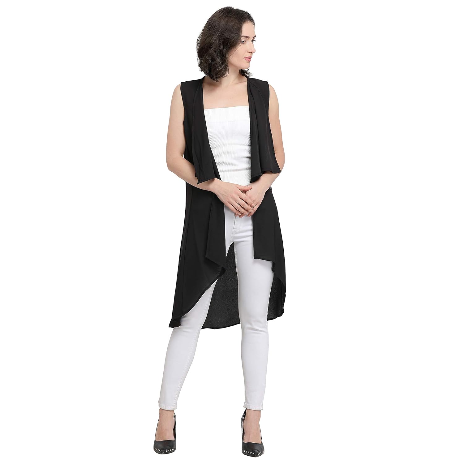 serein women's black soft crepe shrug/long jacket