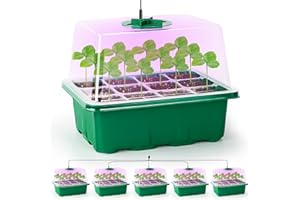 Bonviee 5 Packs Seed Starter Tray with Plant Light, Elevated Seedling Starter Trays Kits with Adjustable Humidity Domes and Clear Cell Tray, 12 Full Spectrum led lamp Beads for Plants Indoor-Green