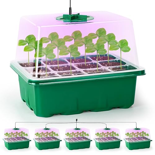 Bonviee 5 Packs Seed Starter Tray with Plant Light, Elevated Seedling Starter Trays Kits with Adjustable Humidity Domes and Clear Cell Tray, 12 Full Spectrum led lamp Beads for Plants Indoor-Green