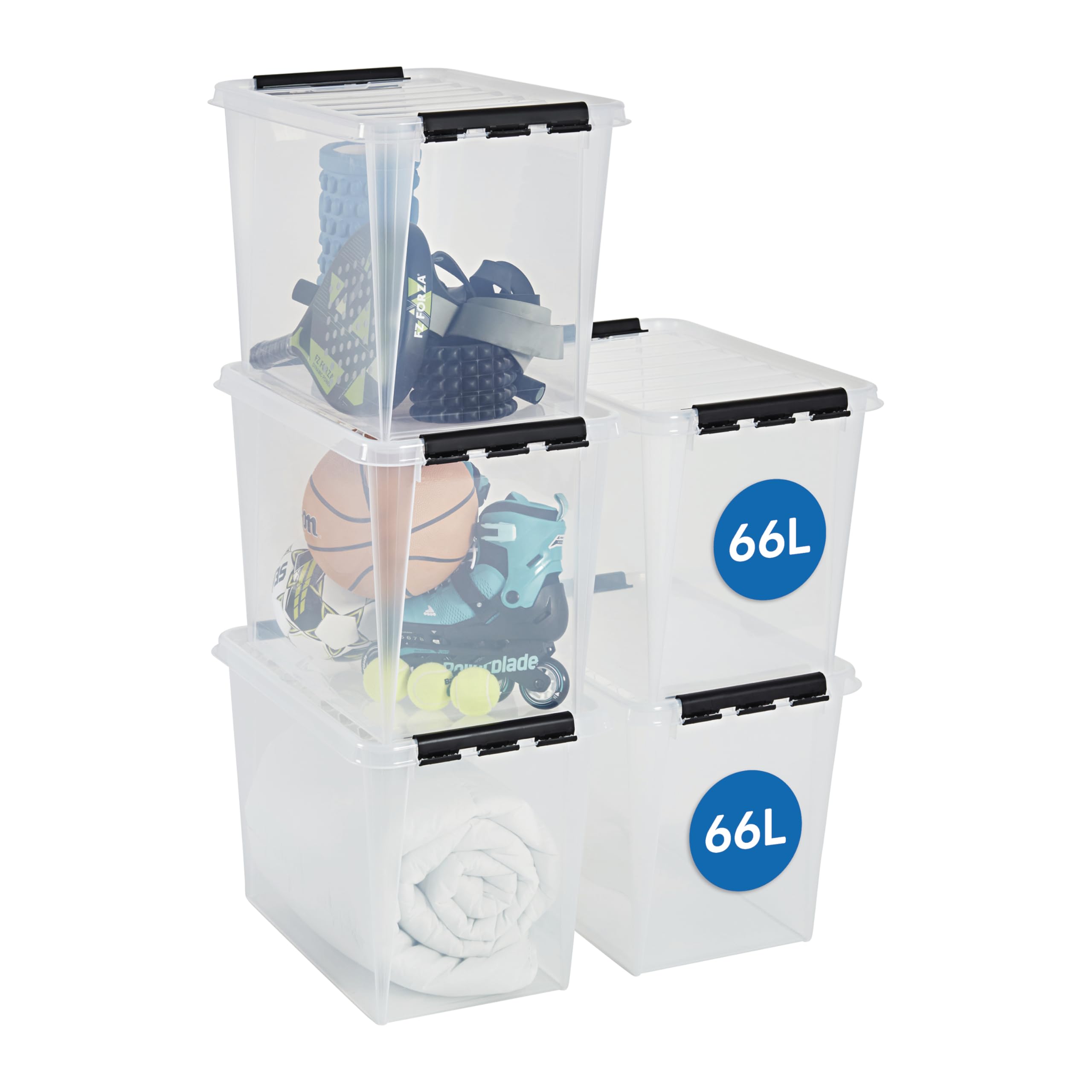 SmartStore 66L Large Plastic Storage Boxes with Lid, 5 Pack, Reinforced, Clear, 10 Year Guarantee, Food Safe, Clip Locked, Stackable and Nestable, BPA Free, L59 x W39 x H43cm