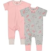 Teach Leanbh Baby Boys Girls 2 Pack 2 Way Zipper Footless Pajamas Cotton Short Sleeve Printing Romper Sleep and Play