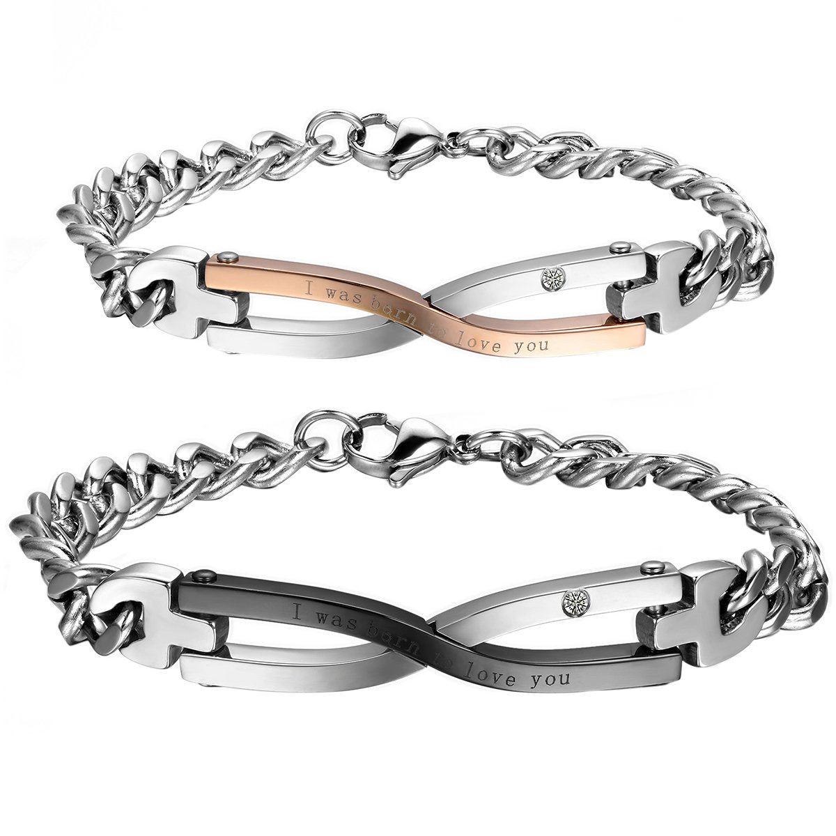 Cupimatch 2PCS Stainless Steel I was Born to Love You Identification Love Infinity Symbol Link Chain Couples Bracelet for Men Women