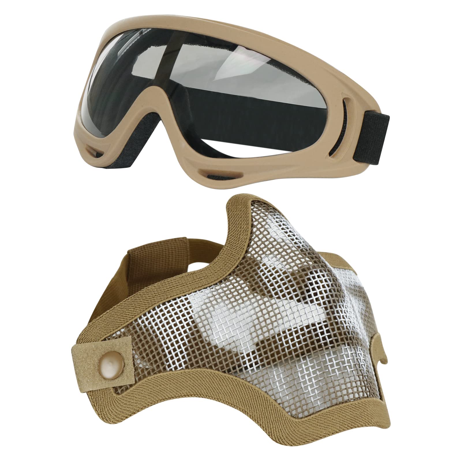 Aoutacc Airsoft Half Face Masks Steel Mesh Mask and Goggles Set for CS/Hunting/Paintball/Shooting (Tan with Pattern)