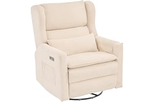 RUTOX Oversized Swivel Rocker Recliner with Adjustable Headrest, 26" Extra Wide Rocking Chair Nursery with Double Cushion, Chenille Nursery Glider Recliner for Living Room,Cup Holder,Beige