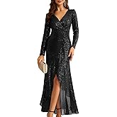 COOAN Women's Long Sequin Formal Dresses Long-Sleeve Cocktail Wedding Guest Dresses Elegant V Neck Party Gowns