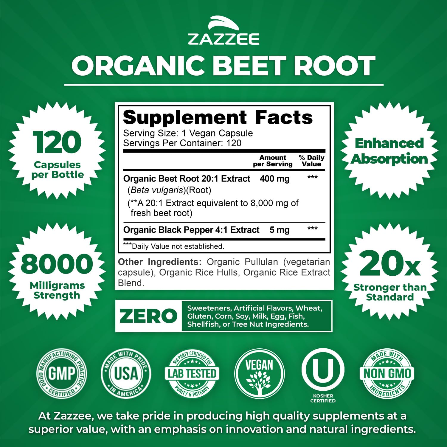 Zazzee USDA Organic Beet Root 8000 mg Strength 20:1 Extract, 120 Vegan Quick Release Capsules, Black Pepper Extract for Enhanced Absorption, Supports Nitric Oxide Production, Non-GMO, Made in The USA