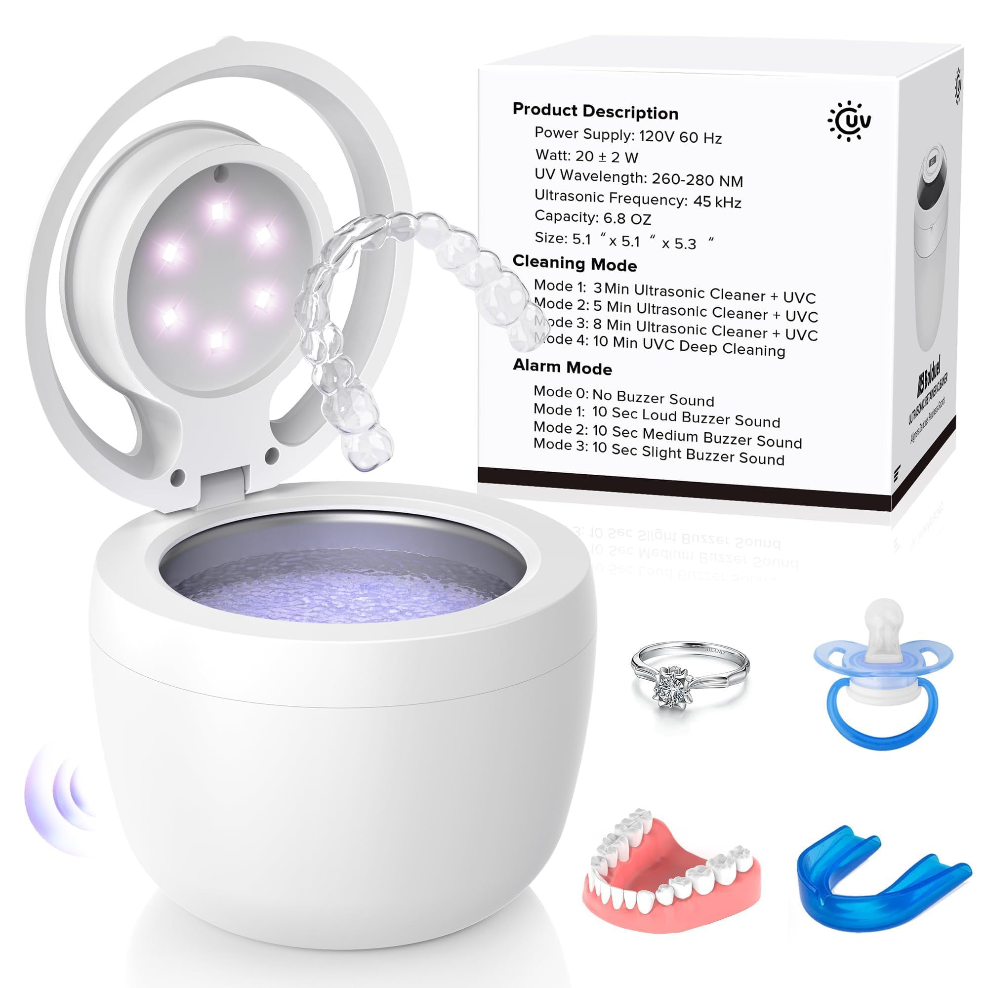 Photo 1 of 2025 Upgraded Ultrasonic Retainer Cleaner Machine Deep Clean with Buzzer Alarm, Versatile Denture Cleaner 45kHz, Mouth Guard Cleaner, Night Guard Cleaner Dental Cleaning Pod 6 u/v Lights