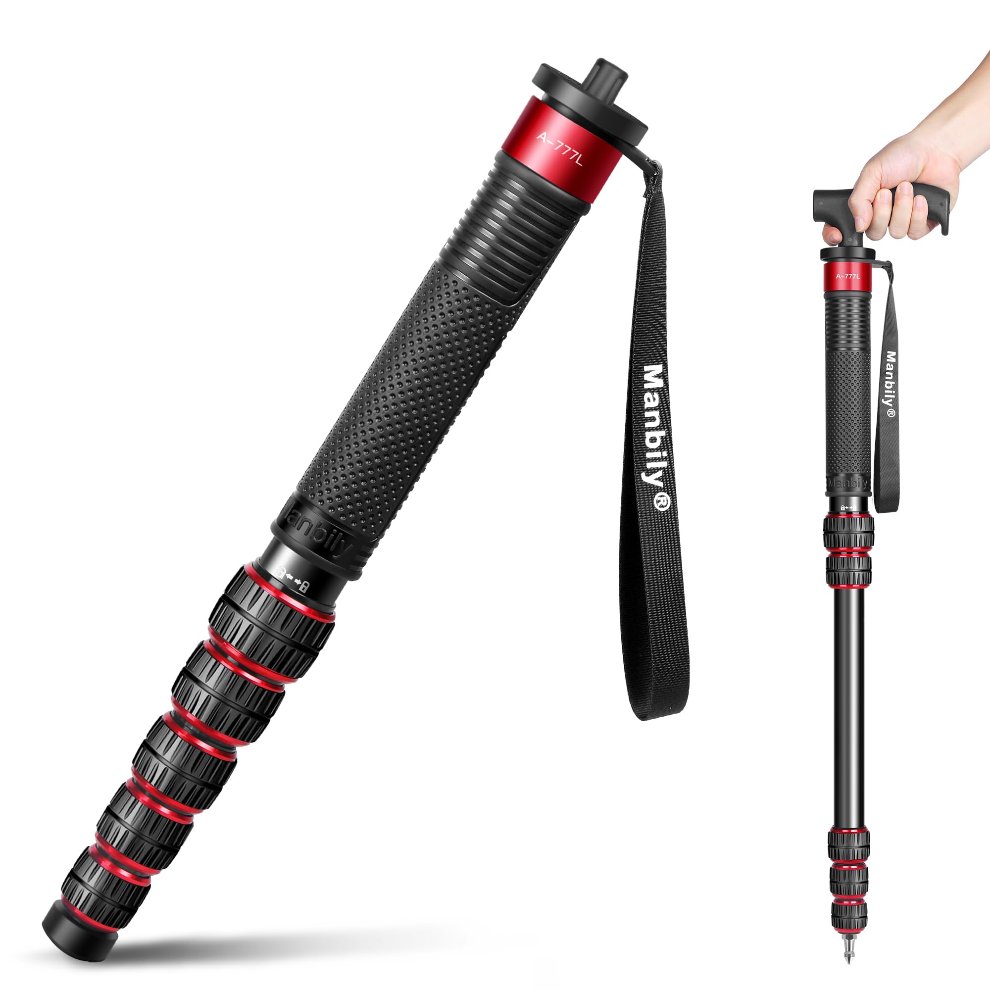 Manbily Monopods for Cameras 36mm Tube 69-Inch Aluminum Camera Monopod Extendable Walking Stick 6 Sections Portable Compact Travel with Handle & Phoneclip Max. 40lbs for DSLR Camcorder Stand (RED)