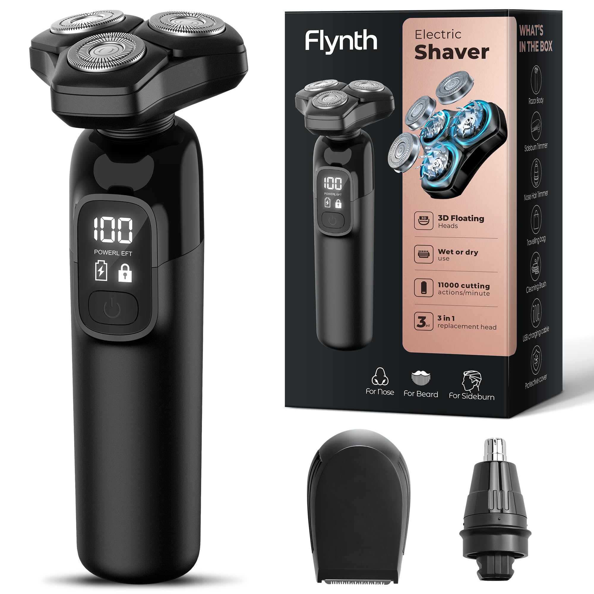 Photo 1 of **DIRT**Electric Razor for Men Flynth 3-in-1 Cordless Shaver 3-Blade Rotary Shavers Wet/Dry for Beard Nose & Face, IPX7 Waterproof Fast Charge Travel Trimmer Grooming Set