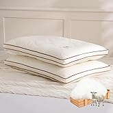 YOUR MOON Soft Organic Wool Pillow King Size Set of 2, Flat & Thin Wool Pillow for Sleeping, Low-Loft Bed Pillows for Back and Stomach Sleepers, Breathable Soft Cotton Cover(Off White)