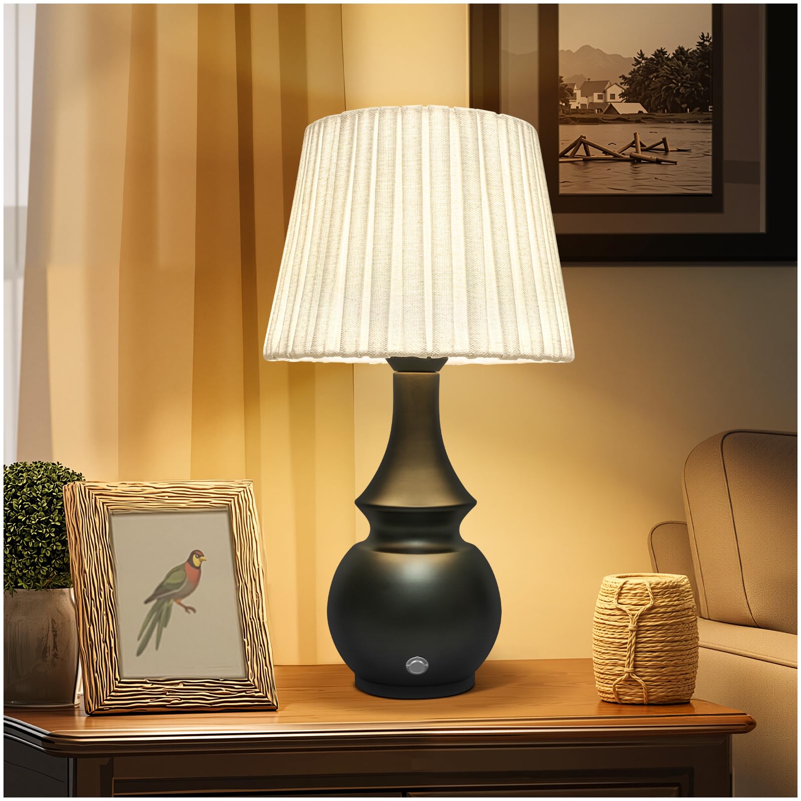 Photo 1 of KIVDITZO Black Cordless Lamp, Bedside Night Light, 4400mAh Battery Operated Lamp, Touch Lamps for Nightstand with Linen Shade, Rechargeable Table Lamp for Living Room,Dining,Office(Bulb Included)