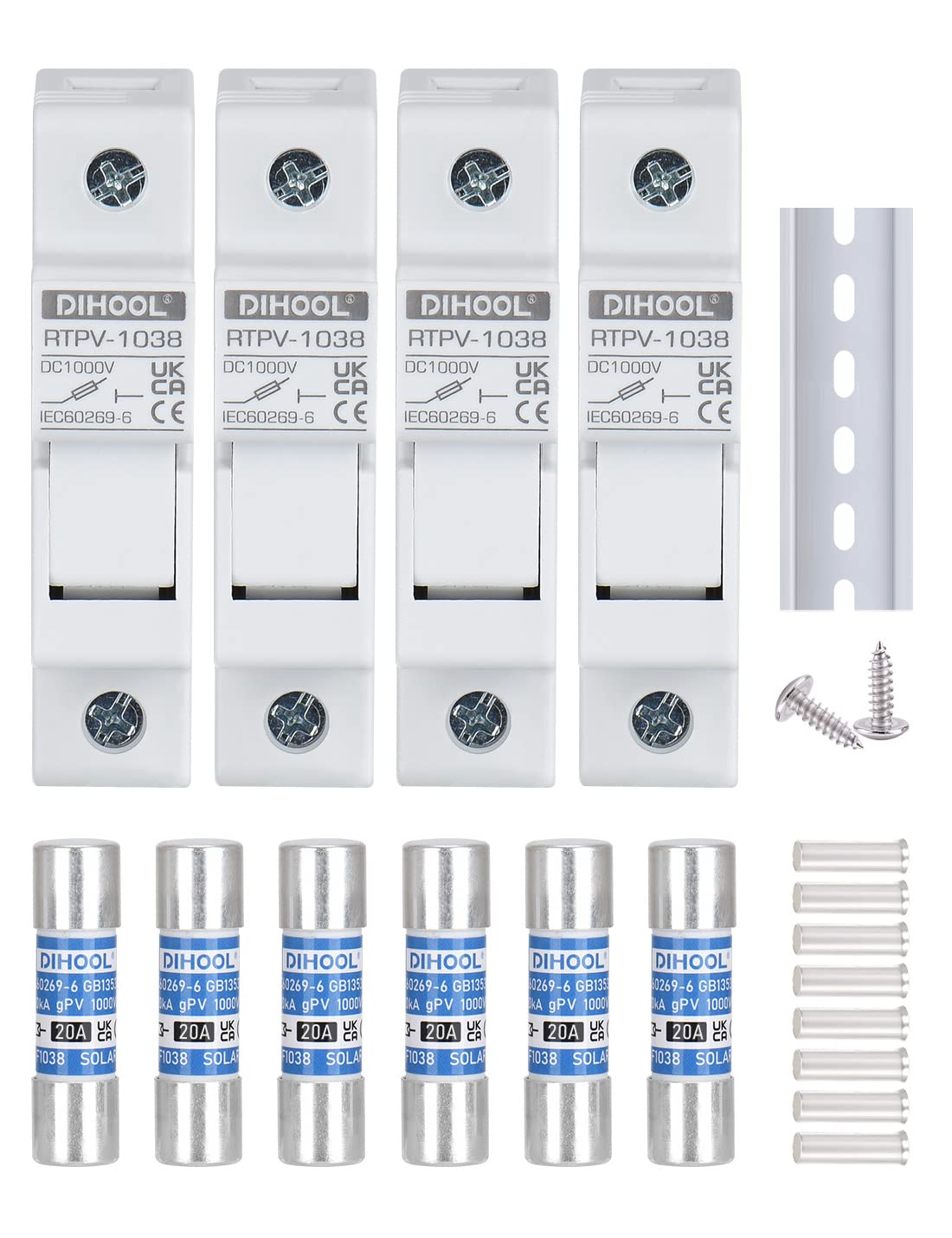 DIHOOL Solar PV Fuse Holder 1-Pole DC1000V 10 x 38 mm DIN Rail Mount,20A Fuse Photovoltaic (4pcs Fuse Holder and 6pcs Fuse)
