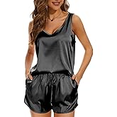 MOYEE Women Silk Pajama Set Soft Satin V Neck Tank Top and Shorts 2 Piece lounge Sets with Pockets