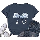 KIEKIECOO Nurse Shirts for Women Funny Bow Stethoscope Graphic Tees Floral Boho Nurse Life Tshirt Nurses Day Gift Summer Tops