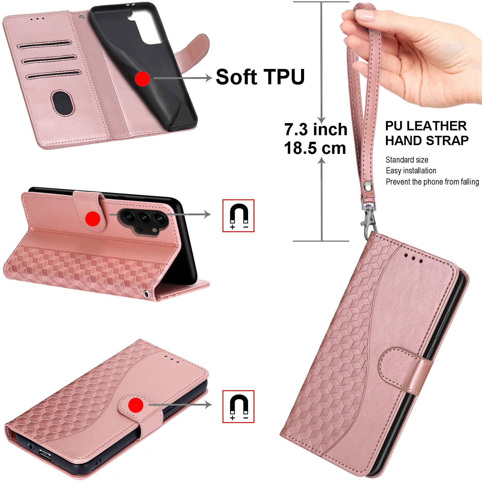 Handyhülle für Google Pixel 10a Hülle, Premium Leder Flip Klappbare Stoßfeste Magnetische [Standfunktion] [Kartenfächern] Schutzhülle Tasche, Roségold 3D 4