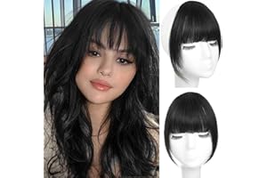 MYMYDA Clip in Bangs 100% Real Human Hair Extensions Clip on Wispy Bangs for Women Fringe with Temples Hairpieces Jet Black Color
