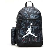 Jordan Black Backpack with Logo Print Pattern Background, Zip Closure, Front Pocket and Pencil Case Included | Unisex Back to School Backpack