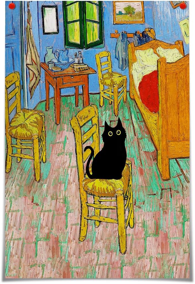Paintings - Retro Vincent Van Gogh Canvas Wall Art Famous Prints Painting Bedroom in Arles Funny Black Cat Aesthetic Poster Rustic Cottagecore Farmhouse Gallery Wall Decor for Bedroom 12x16in Unframed