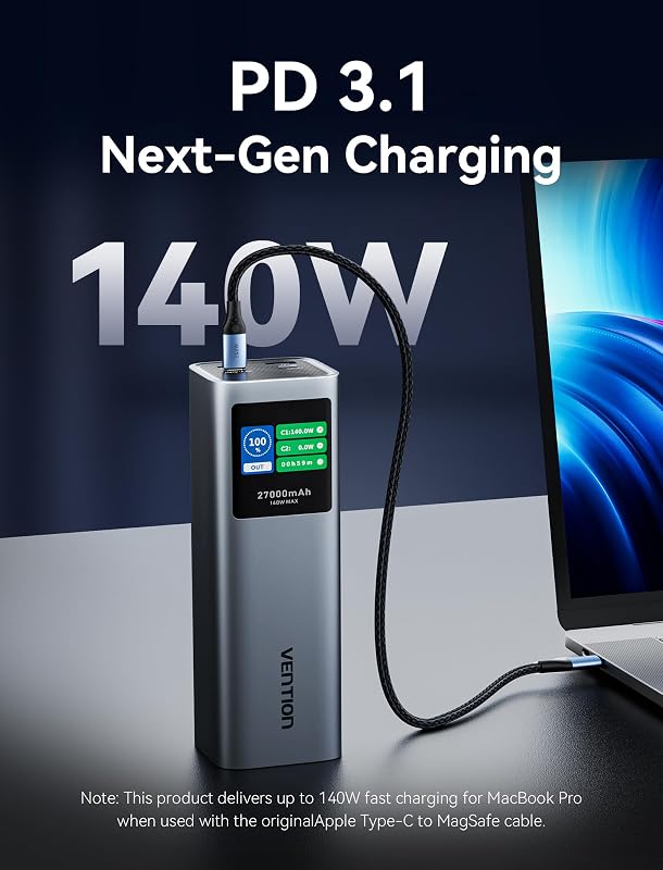 Power Bank 27000mAh 140W, bateria externa de carregamento rápido com ecrã TFT, 3 portas USB-C/USB-A, Compatível com MacBook Pro, iPhone 15/14/13, iPad Pro, Galaxy S24, DELL, HP e mais