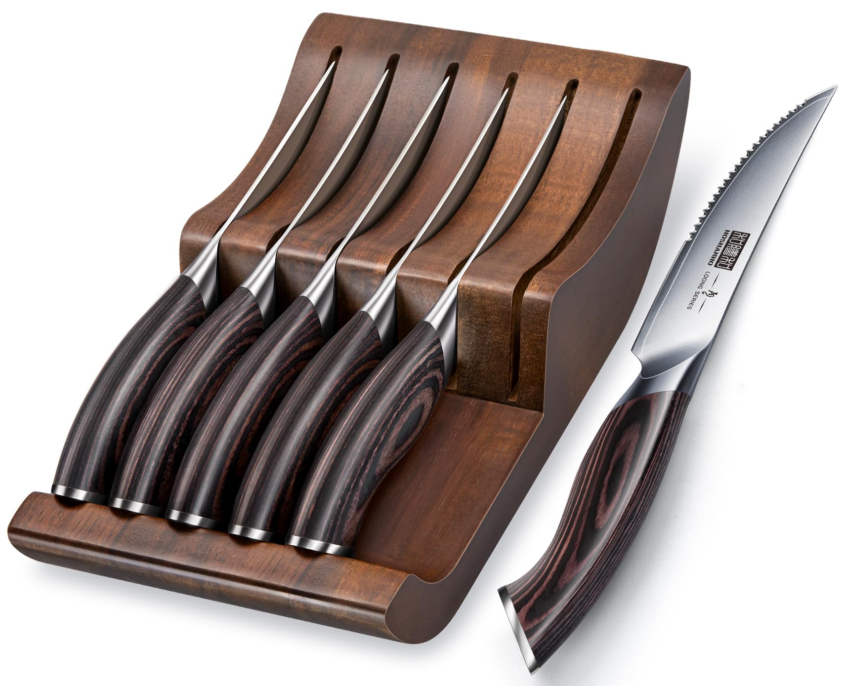 HOSHANHO Steak Knives Set of 7, 4.5 Inch Serrated Steak Knife Set with Block, Japanese High Carbon Steel Kitchen Steak Knives with Ergonomic Handle Image