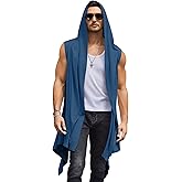 COOFANDY Men's Long Hooded Cardigan Sleeveless Ruffle Shawl Collar Lightweight Open Front Drape Kimono Vest