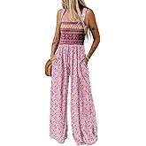 Dokotoo Women's Casual Loose Overalls Jumpsuits One Piece Sleeveless Printed Wide Leg Long Pant Rompers With Pockets
