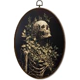 JQF Gothic Botanical Skeleton Oval Wall Decor, Dark Cottagecore Oval Canvas Wall Art, Moody Goth Botanical Skull Skeleton Framed Prints Hanging Decor for Home Bedroom Living Room, 8.5x11.5 Inch