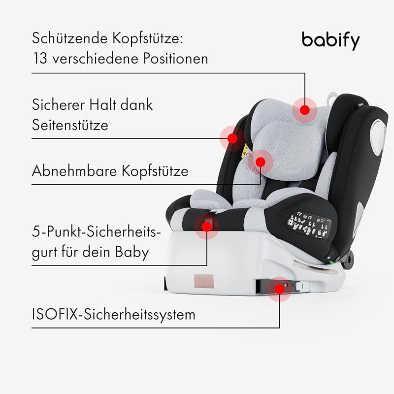 Onboard, Autositz Isofix für Babys und Kinder, 0 Monate - 12 Jahre, 40-150cm, 360°drehbar, tragbarer und sicherer Sitz i-Size ECE R129 Grau