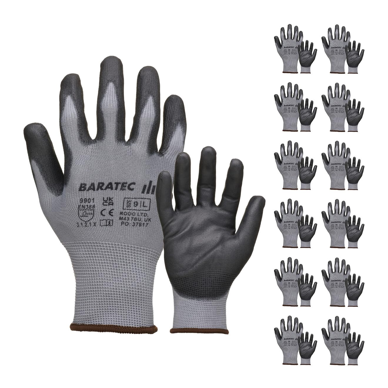 Baratec Grey PU Work Gloves 12 Pairs, Mens Womens Unisex, Safety Working, Protective, Gardening, PPE Grip, Construction, Warehouse, DIY, EN388 Certified, Comfortable Polyester Liner, Size Medium — image 1