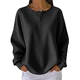 Women's Waffle Knit Sweater V-Neck Long Sleeve Pullover Loose Fit Casual Top with Button Detail