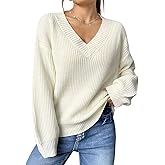 SKAYS Women's Casual V-Neck Sweater Drop Shoulder Long Sleeve Solid Color Knit Pullover