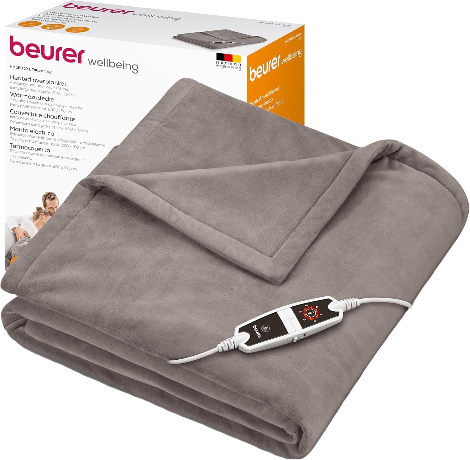 Beurer Coperta elettrica HD 150 XXL, termocoperta elettrica con spegnimento automatico, 200 x 150 cm, 6 impostazioni di temperatura, lavabile in lavatrice, morbida coperta, tortora