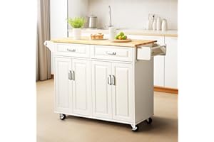 Unovivy 54“ Large Kitchen Island with Storage, Kitchen Cart on Wheels with 2 Large Drawers,Adjustable Shelf Inside Cabinet, Spice Rack & Towel Rack,Simple Design Rolling Island Table for Kitchen,White
