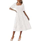 MEROKEETY Womens 2025 Summer Short Puff Sleeve Smocked Square Neck Floral Textured Tiered Midi Dress